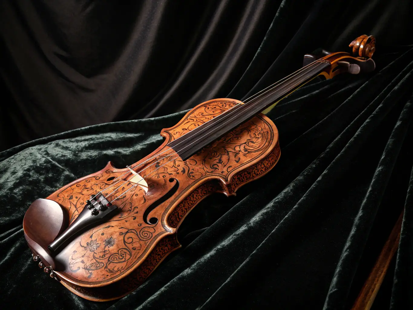 A close-up shot of a ViolinCraft Premium Violin, showcasing the intricate details of the hand-carved scroll and the fine grain of the spruce top, highlighting the craftsmanship and attention to detail.