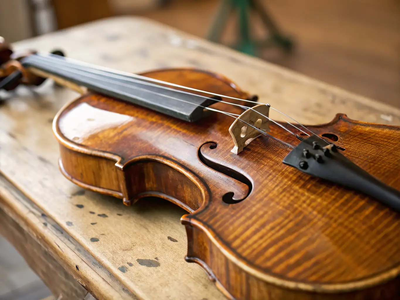 A high-resolution image of the hand-applied varnish on a ViolinCraft Premium Violin, showcasing its rich color and smooth finish, which protect the wood and enhance the instrument's tonal characteristics.